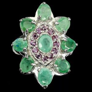 Natural Unheated Green Emerald 5x4mm Rhodolite Garnet Sterling Silver Ring Sz7